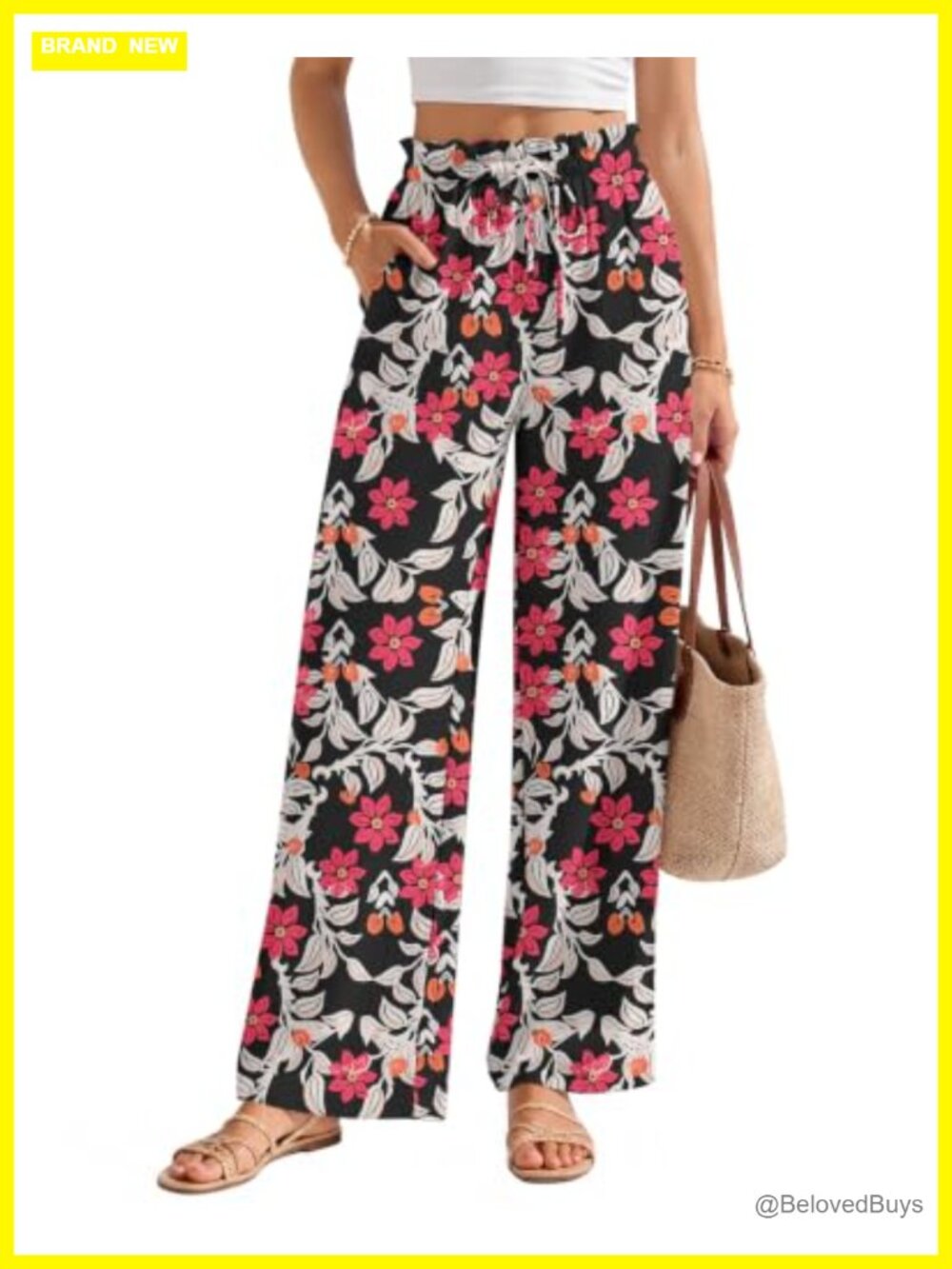 High Waist Wide Leg Faux Linen Palazzo Pants with Pockets